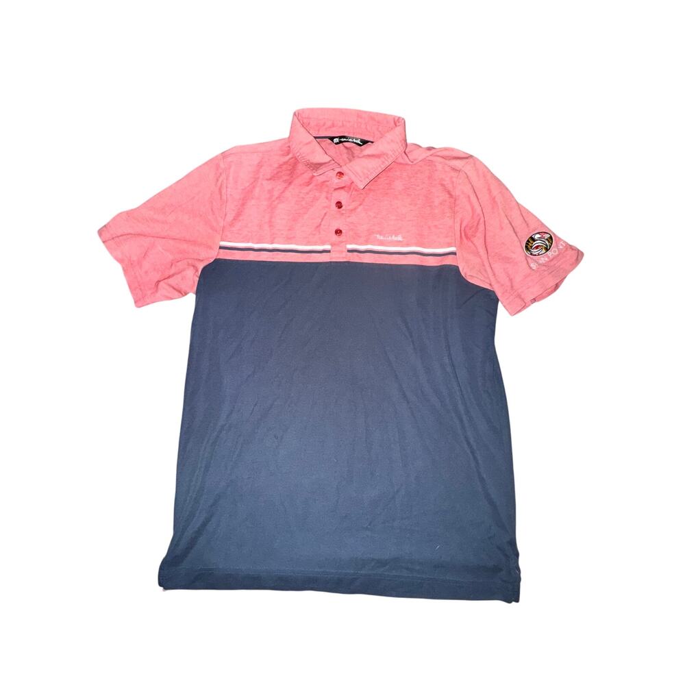 Travis Mathew Polo Shirt Men's M Heather Red Blue Stripe Swan Point Embroidered